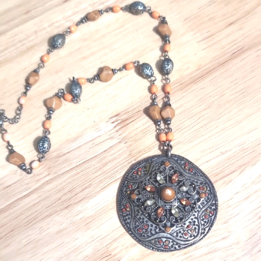 Artisan Pendant Necklace With Coral And Brown Stones